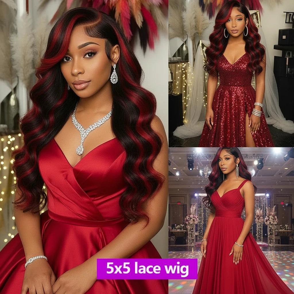 Black and red ombré glueless lace front human hair wig with body wave texture from JNETTE CHANEL, showcasing the lace front and vibrant color.