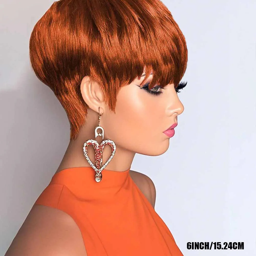 JNETTE CHANEL pixie cut human hair wig with bangs, lace front, natural dark brown color, styled with a sleek, modern look.