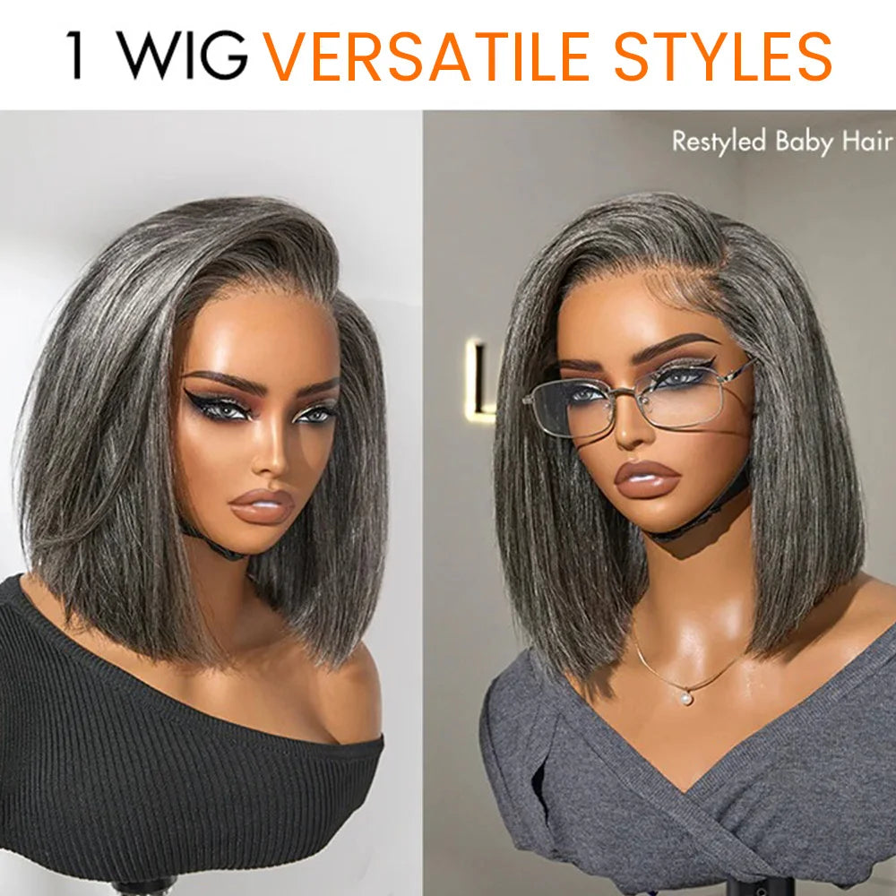 Salt and pepper straight human hair bob wig with lace front by JNETTE CHANEL, showcasing realistic hair and lace detailing.