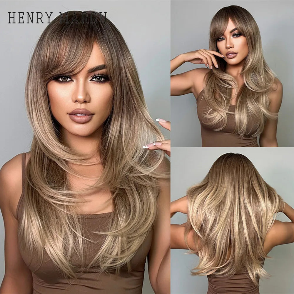 Synthetic Heat Resistant Ombré Layered Straight with Bangs Wigs
