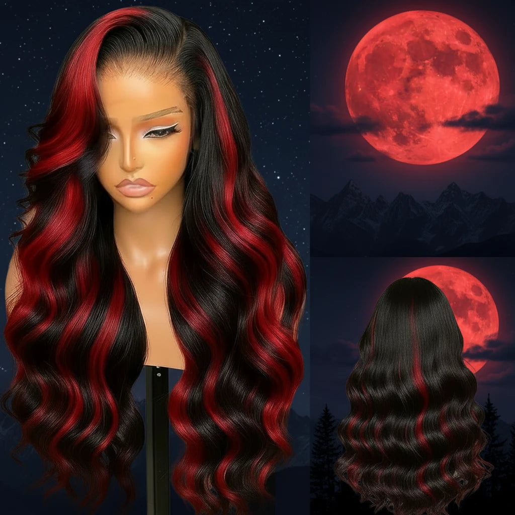 Black and red ombré glueless lace front human hair wig with body wave texture from JNETTE CHANEL, showcasing natural hairline and vibrant color.