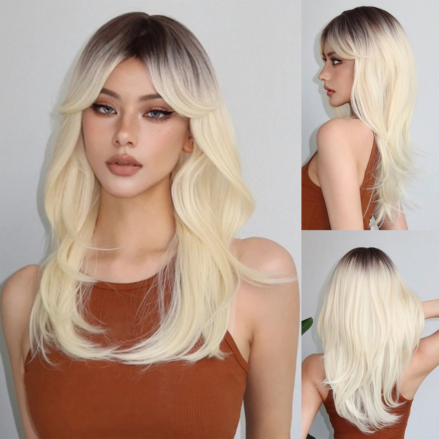 Synthetic Heat Resistant Ombré Layered Straight with Bangs Wigs