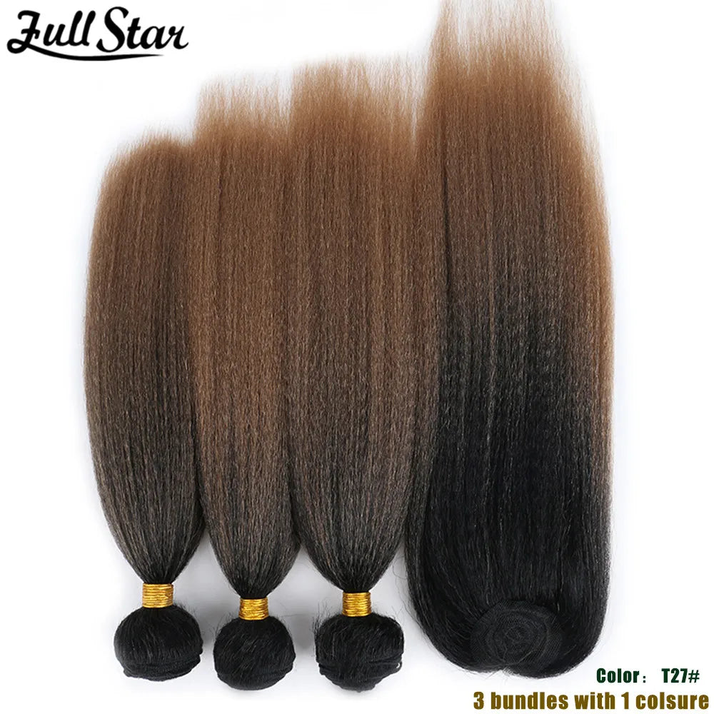 Yaki Straight Hair Bundle with Closure – Heat-Resistant Synthetic Weave Hair Extensions