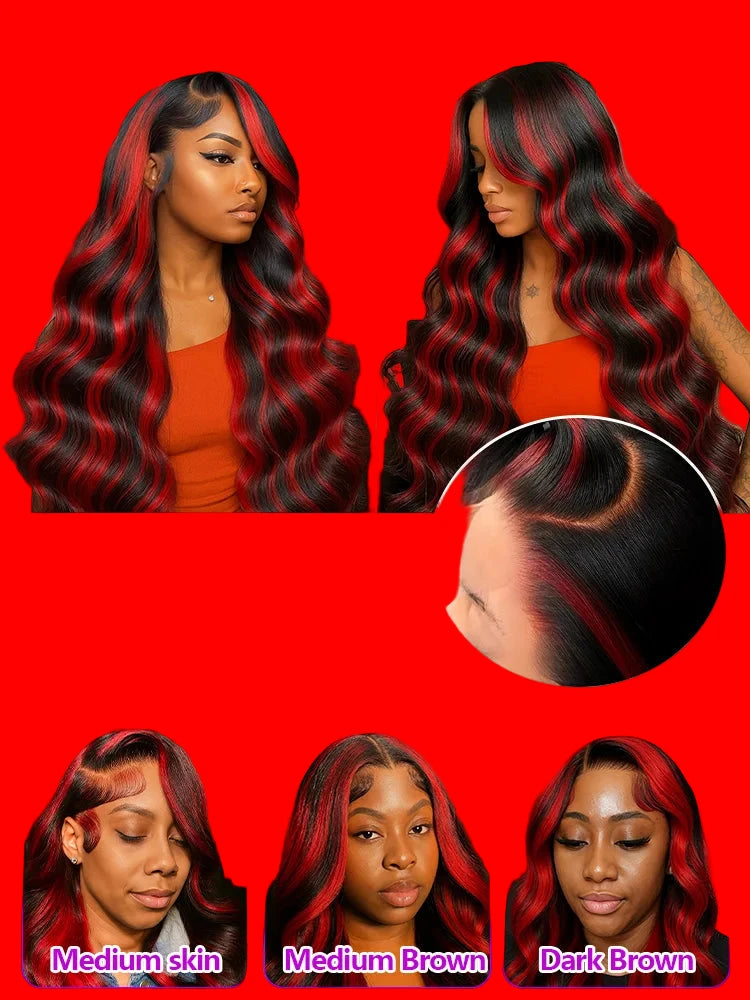 Black and red ombré lace front human hair wig with body wave texture by JNETTE CHANEL, showcasing the glueless lace front design.