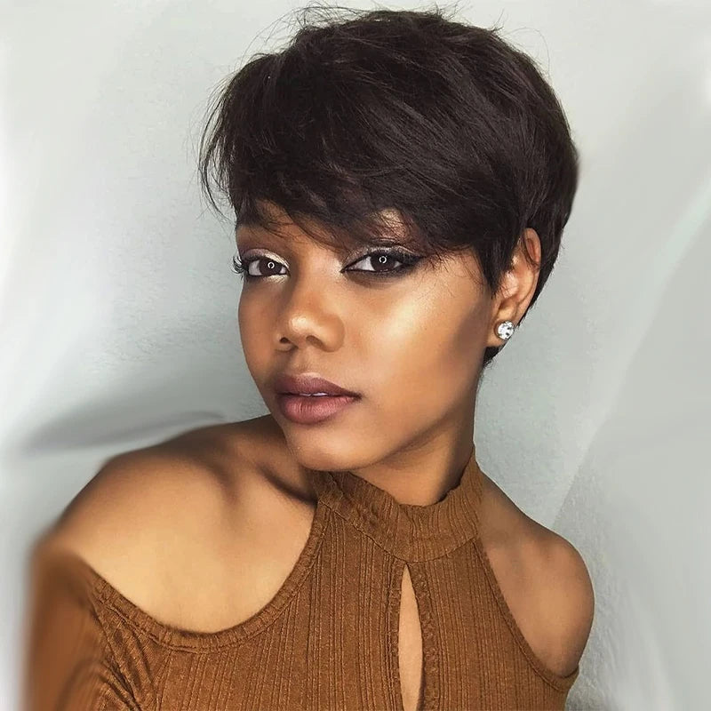 Glueless Pixie Cut Short Human Hair With Bangs Wigs