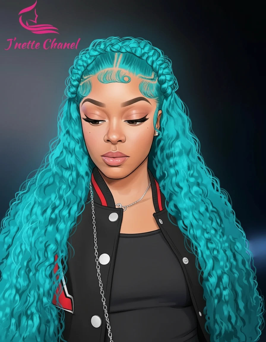 Lace front pre-plucked green deep wave Brazilian human hair wig by JNETTE CHANEL, showcasing vibrant green color and deep wave texture.