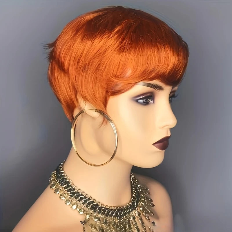 Pixie Cut Orange Red Brazilian Human Remy Hair with Bangs Wig