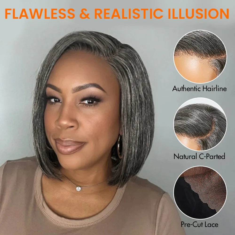 JNETTE CHANEL salt and pepper human hair straight lace front bob wig displayed on a mannequin head.