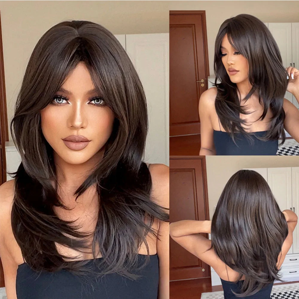 Synthetic Heat Resistant Ombré Layered Straight with Bangs Wigs