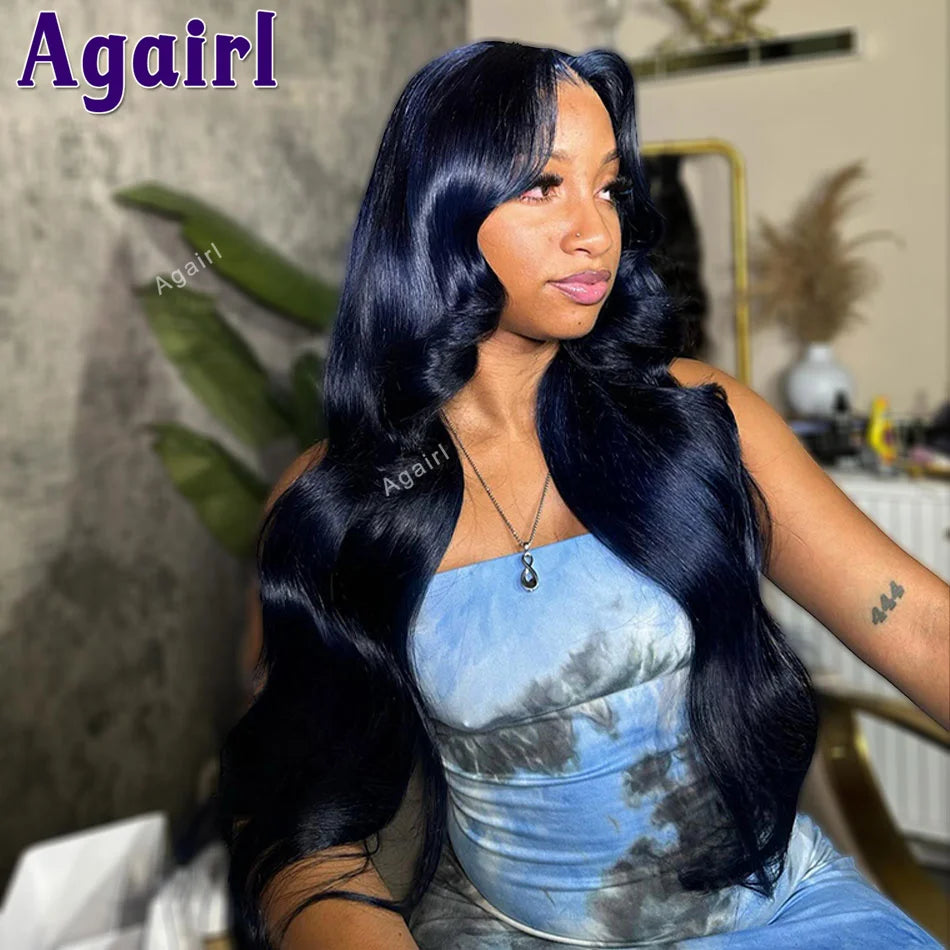 Midnight blue human hair lace front body wave wig by JNETTE CHANEL with pre-plucked hairline, natural-looking lace front.