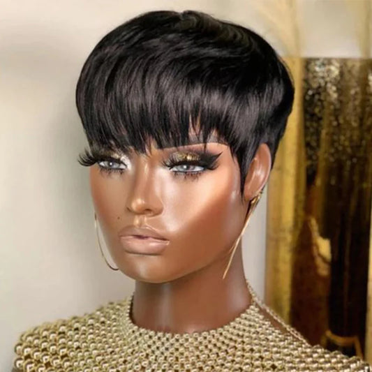 Glueless Pixie Cut Short Human Hair Straight Hair With Bangs Wigs