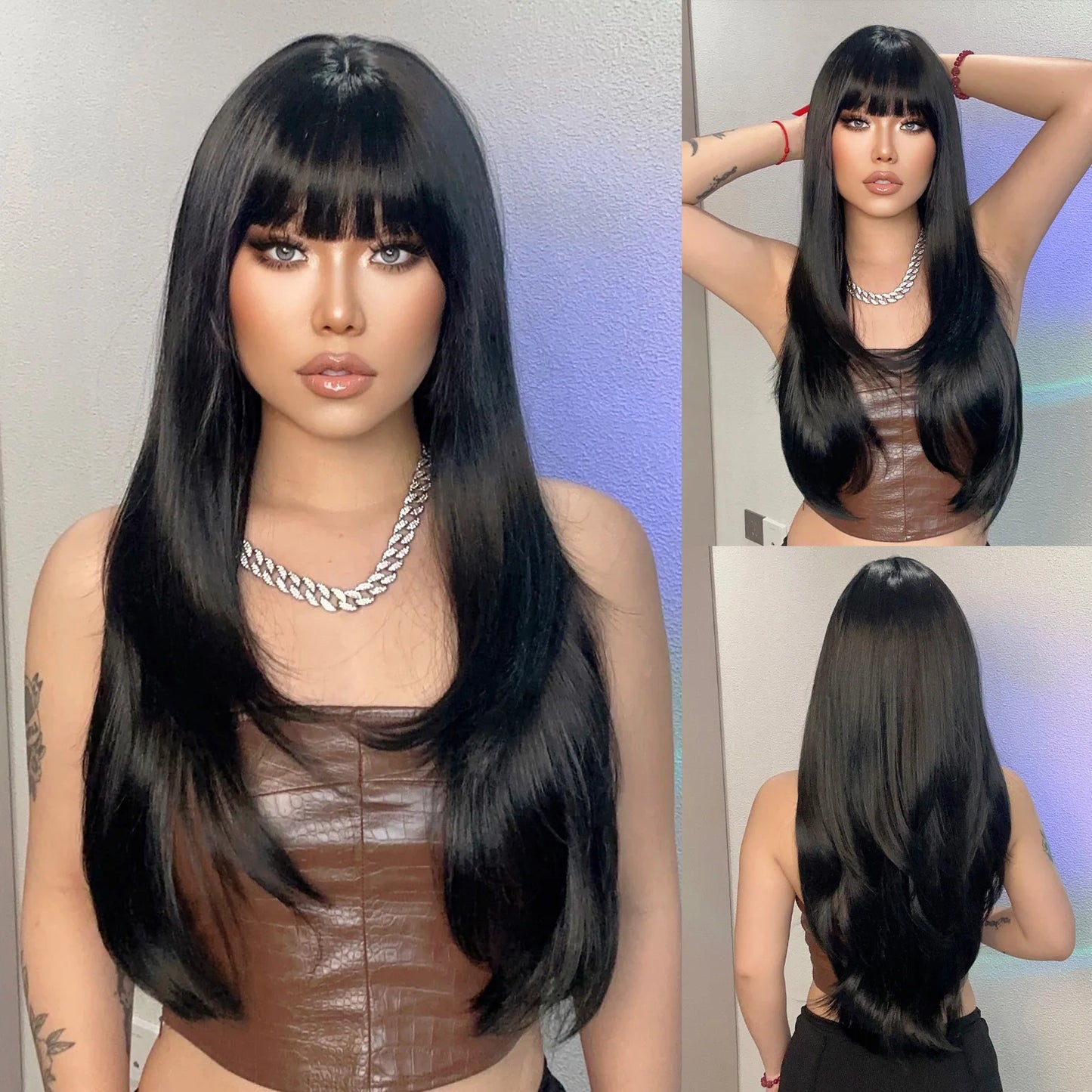 Synthetic Heat Resistant Ombré Layered Straight with Bangs Wigs