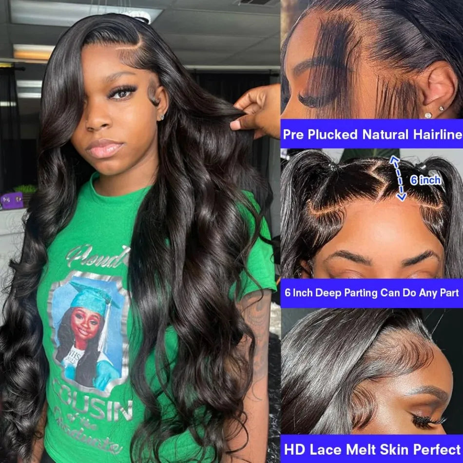 JNETTE CHANEL lace front pre-plucked HD body wave human hair wig showing natural hairline and voluminous waves.
