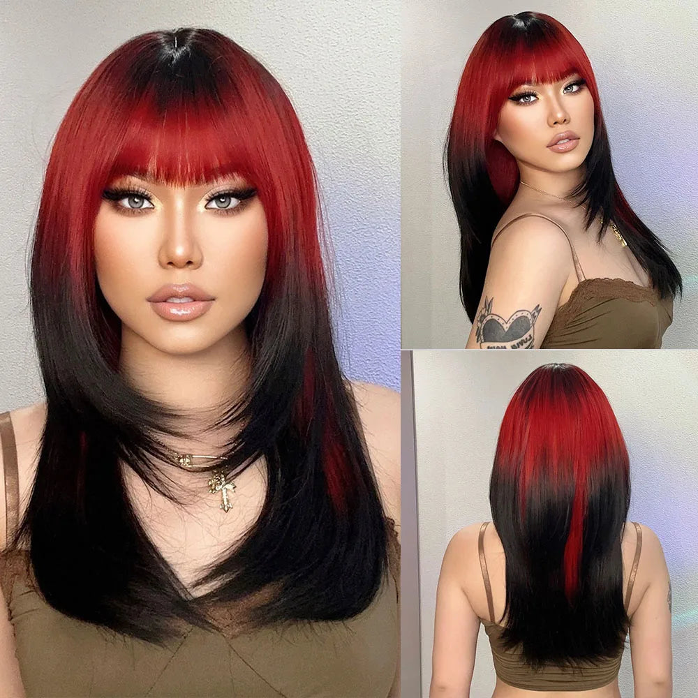 Synthetic Heat Resistant Ombré Layered Straight with Bangs Wigs