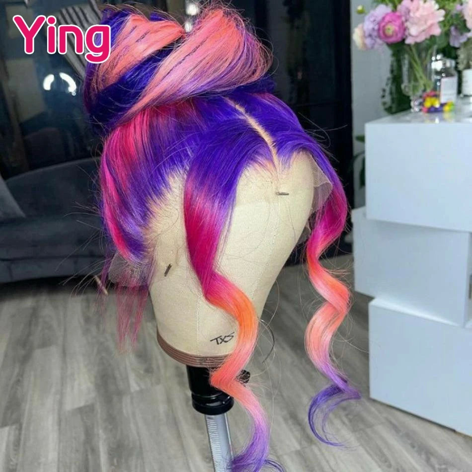 Lace Front Purple Pink with Orange Body Wave Human Hair PrePlucked With Baby Hair Wigs