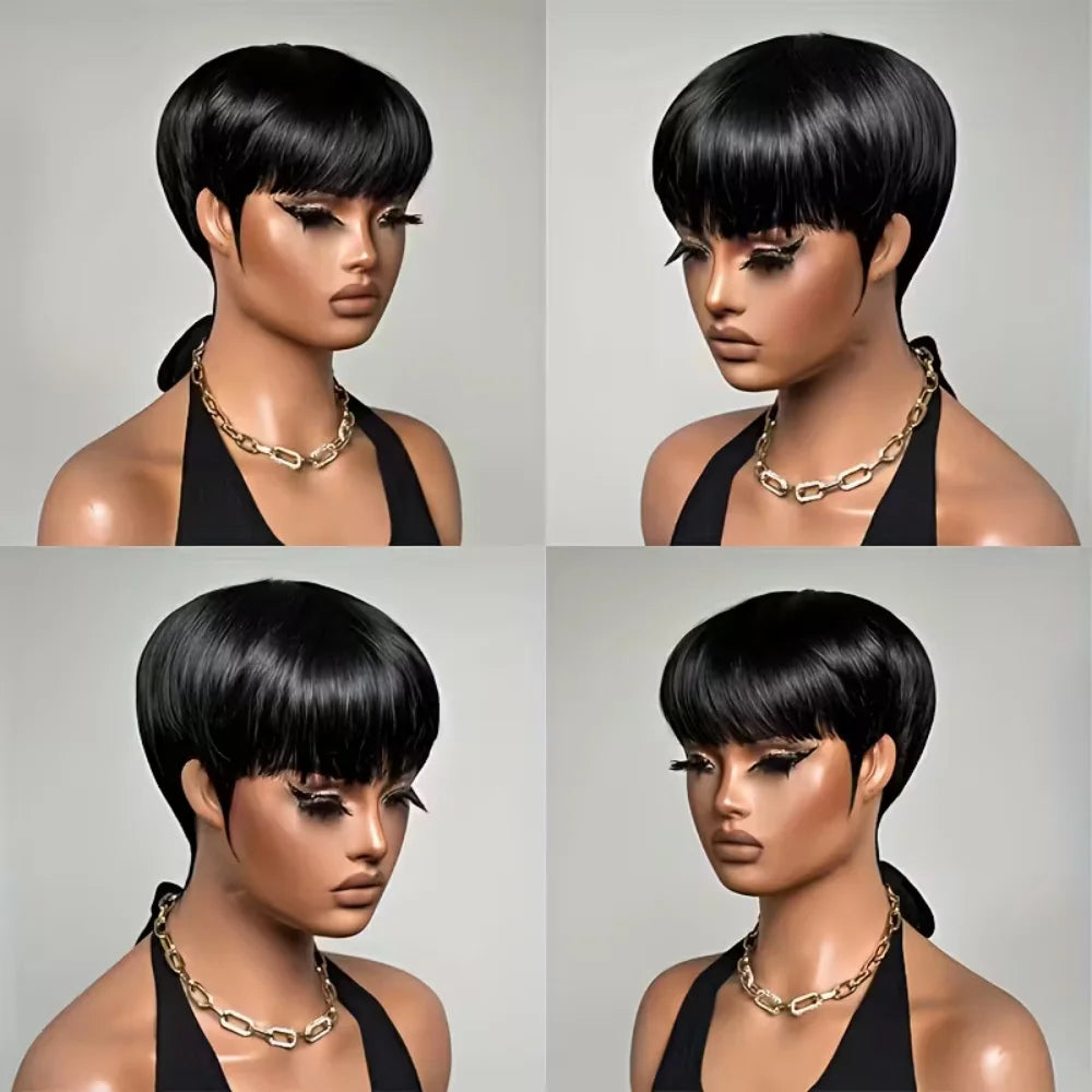 JNETTE CHANEL Pixie Cut human hair wig with lace front, natural blonde color, styled in a sleek, short, textured hairstyle.
