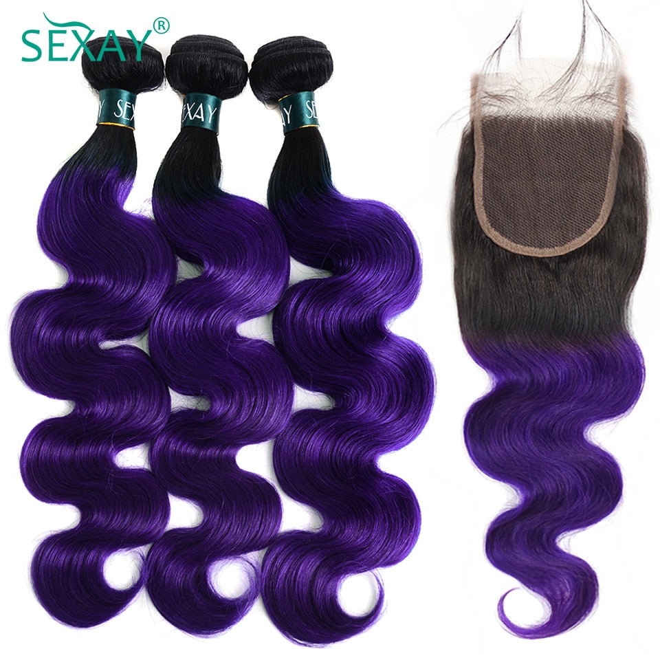 Purple Body Wave Brazilian Human Hair Weave Bundles With Closure