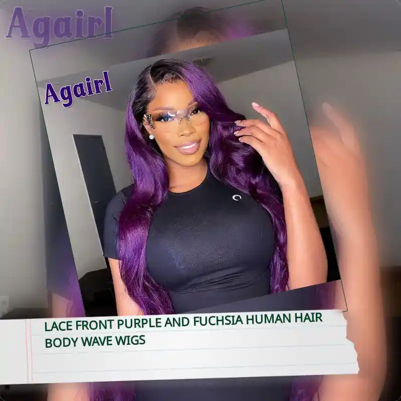 Lace Front Purple and Fuchsia Human Hair Body Wave Wigs by@Outfy