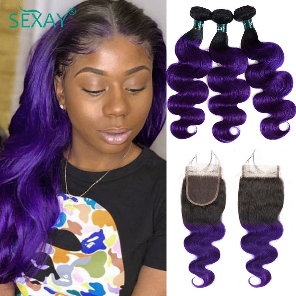 Purple Body Wave Brazilian Human Hair Weave Bundles With Closure