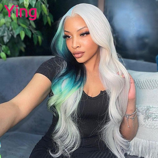 Lace Frontal Brazilian Human Hair Body Wave Highlight Blue With Black And Blonde Wigs