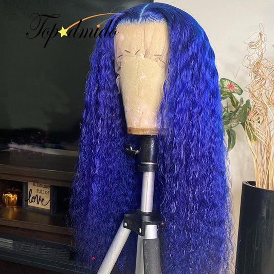 Glueless Lace Front Blue Curly Brazilian Human Hair with Pre-plucked Hairline Wigs